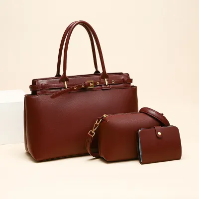 Women Fashion Solid Color Tote Bag Large Capacity PU Handbag Three-Piece Set