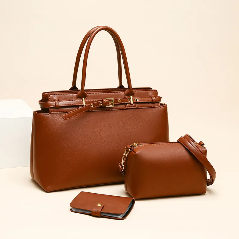 Women Fashion Solid Color Tote Bag Large Capacity PU Handbag Three-Piece Set