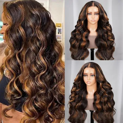 Women Fashion Front Lace Mix Color Mid-Length Large Wave Wig Natural Style