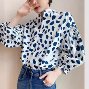Women Casual Puff Sleeve Polka Dot Blouse