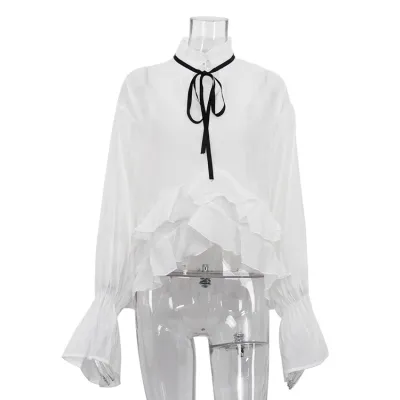 Women Sexy Solid Color Horn Sleeve Lace-Up Blouse