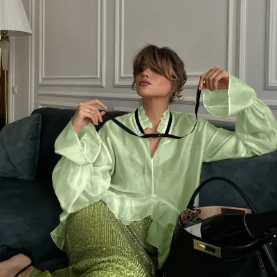 Women Sexy Solid Color Horn Sleeve Lace-Up Blouse