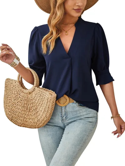 Women Casual Urban V-Neck Short-Sleeve Blouse in Ice Silk Wrinkle