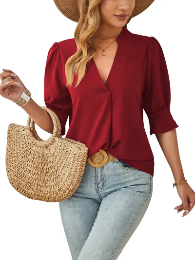 Women Casual Urban V-Neck Short-Sleeve Blouse in Ice Silk Wrinkle