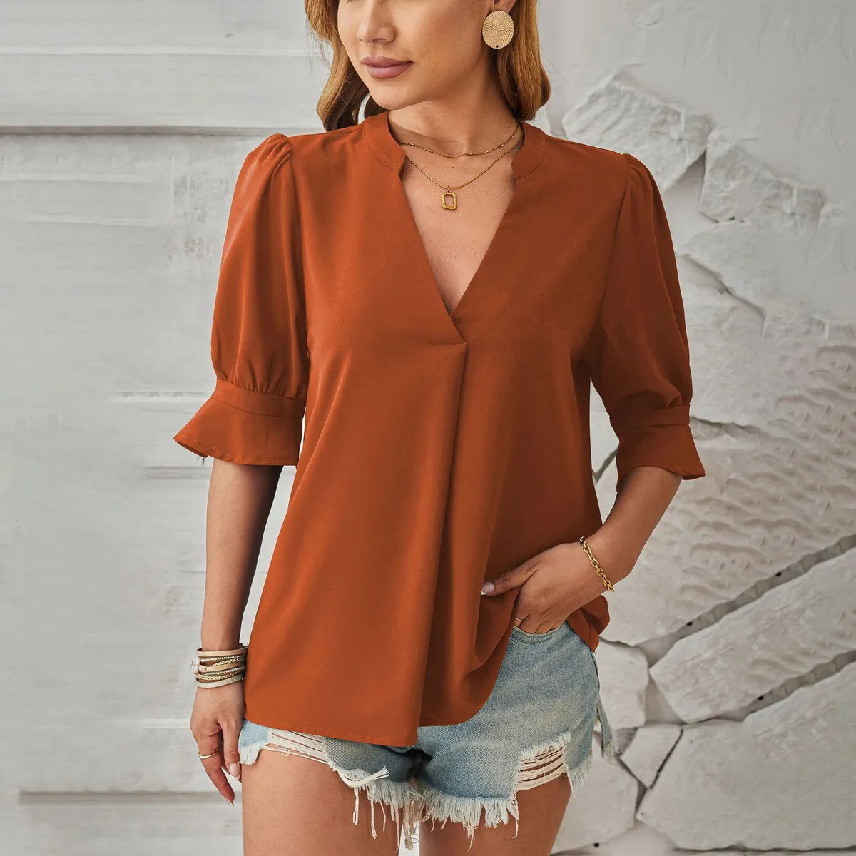 Women Casual Urban V-Neck Short-Sleeve Blouse in Ice Silk Wrinkle