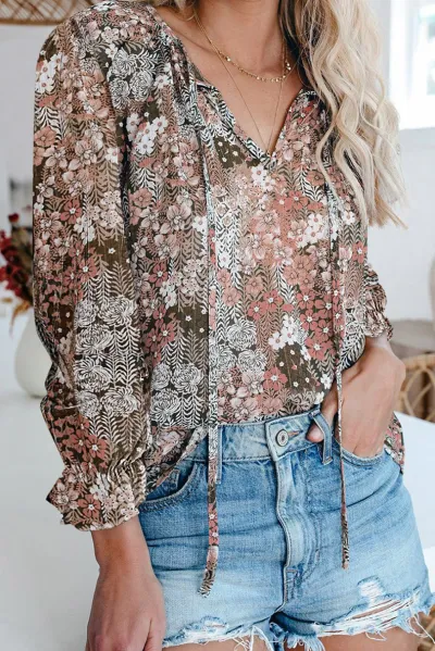 Women Casual Floral Printed V-Neck Long Sleeve Blouse