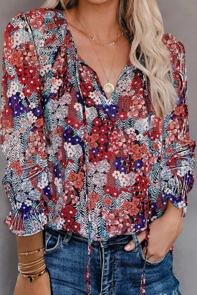 Women Casual Floral Printed V-Neck Long Sleeve Blouse