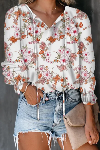 Women Casual Floral Printed V-Neck Long Sleeve Blouse