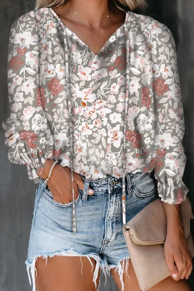 Women Casual Floral Printed V-Neck Long Sleeve Blouse