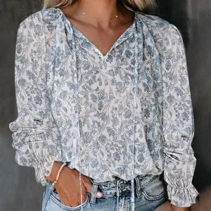 Women Casual Floral Printed V-Neck Long Sleeve Blouse