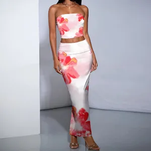 Women Fashion Sexy Floral Print Slim-Fit Tube Top Tight Skirts Two-Piece Set