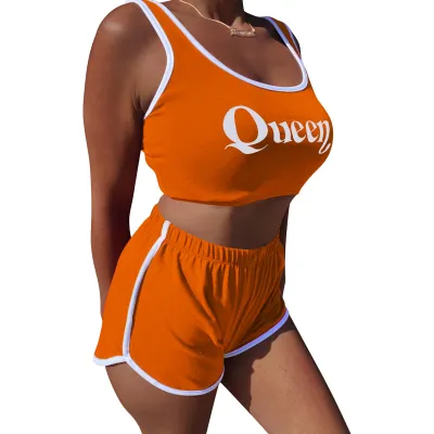 Women Casual Solid Color Letter Printed Tank Top Tight Shorts Sports Two-Piece Set