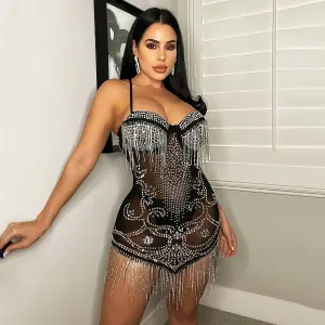 Women Sexy Mesh Rhinestone Tassel Camisole Party Dress