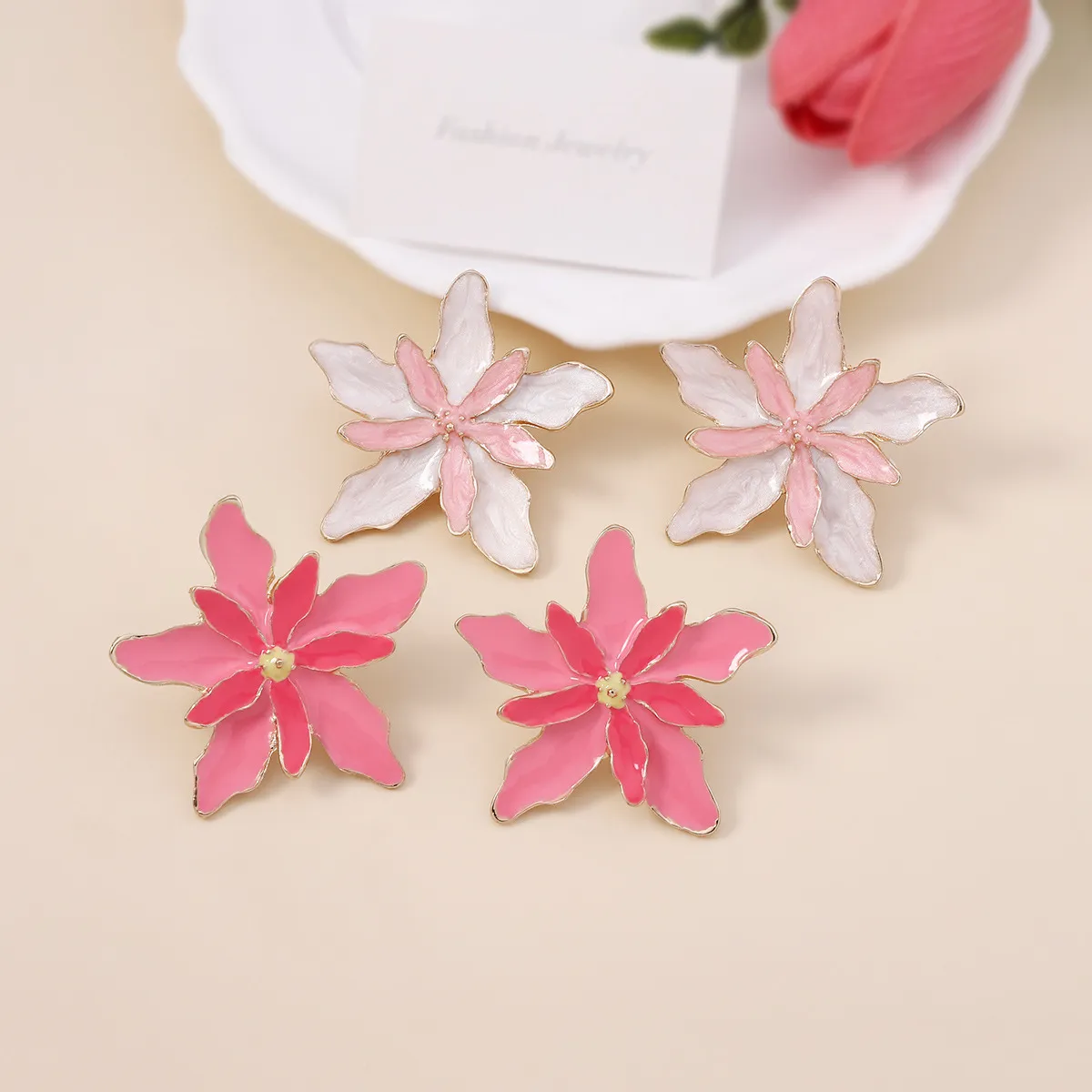 Women Fashion Exaggerated Zinc Alloy Oil Drop Double-Layer Floral Earrings