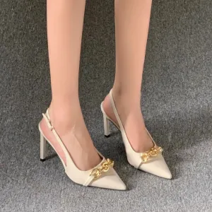Women Fashion Sexy Metal Chain Pointed Toe High Heels PU Shoes Rubber Sole