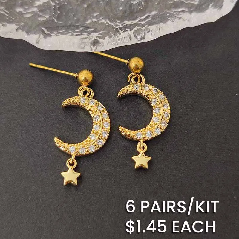 Gold Plated Copper Zircon Moon Star Pendant Drop Earrings