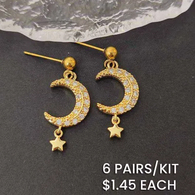 Gold Plated Copper Zircon Moon Star Pendant Drop Earrings