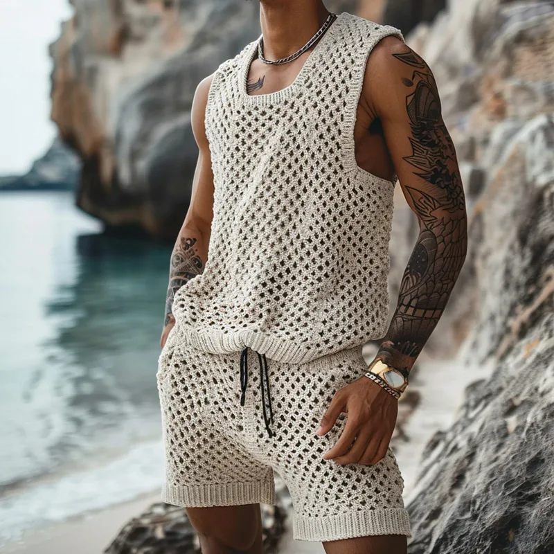Men's Fashion Solid Color Knitted Hollow Sleeveless Vest and Shorts Two-Piece Set