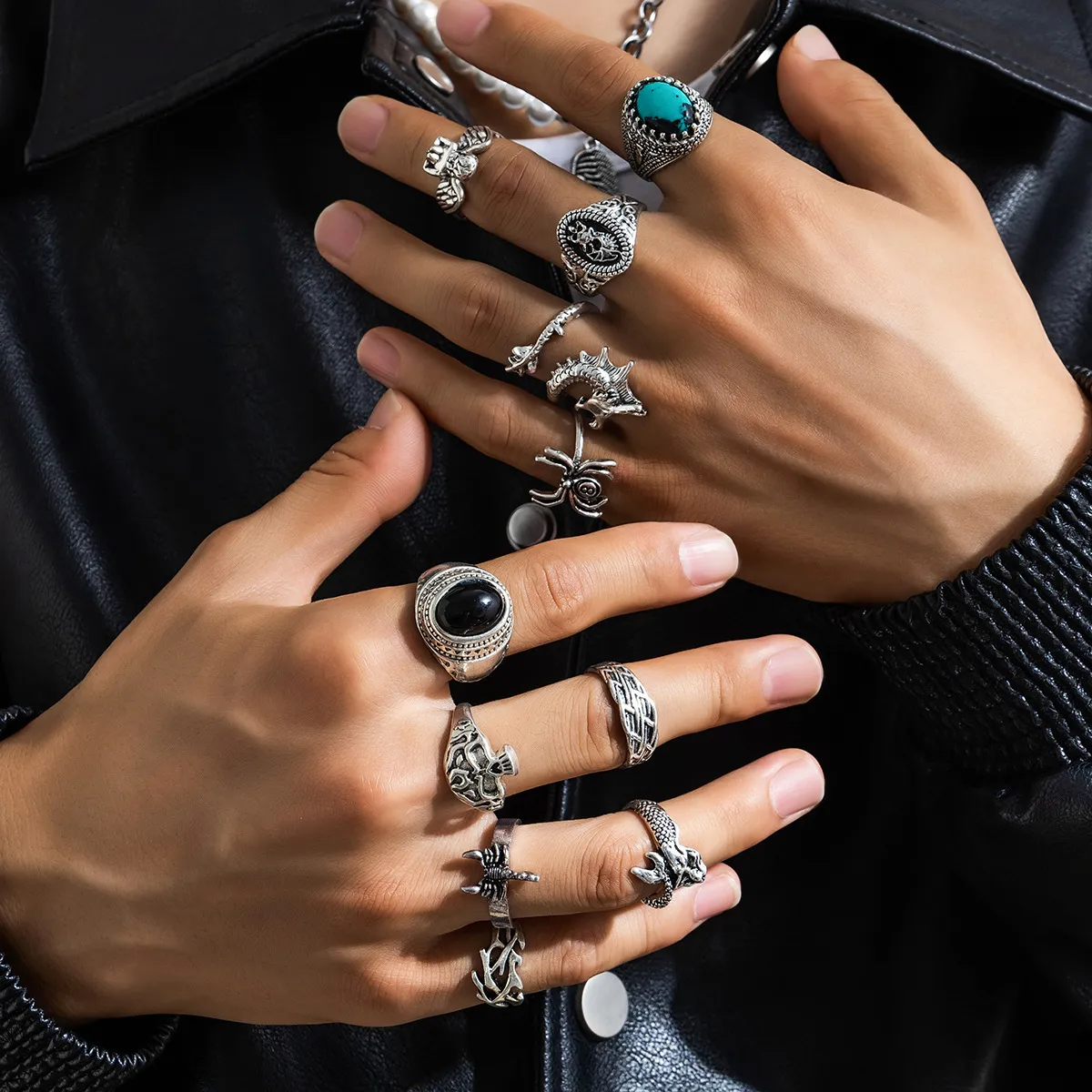 Men Fashion Personalized Turquoise Ring Set Zinc Alloy Commuter
