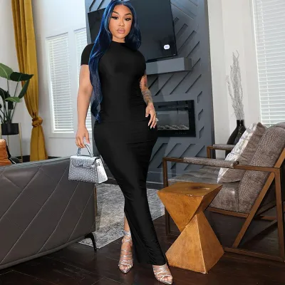 Women Fashion Sexy Solid Color Short Sleeve Split Maxi Dress