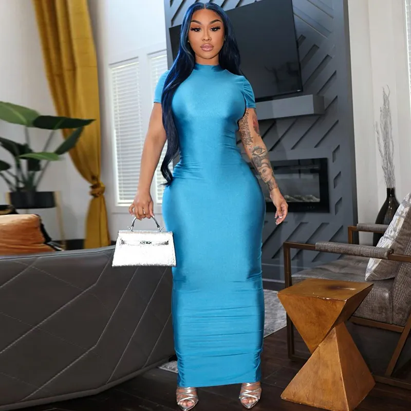 Women Fashion Sexy Solid Color Short Sleeve Split Maxi Dress