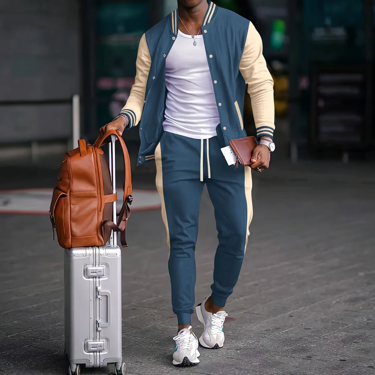 Men Casual Contrast Two-Piece Set - Light Cooked Leisure Coat with Cotton Blend, Long Sleeve