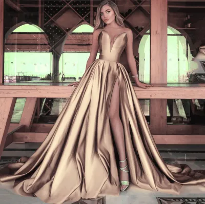 Women Sexy Elegant Solid Color Deep-V Neck Sleeveless Split Long Party Dress