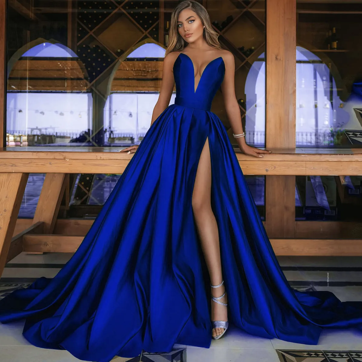 Women Sexy Elegant Solid Color Deep-V Neck Sleeveless Split Long Party Dress