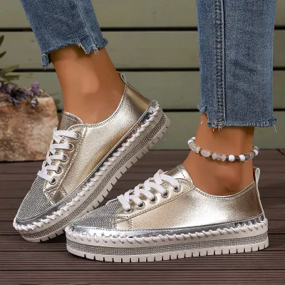 Women's Fashion Hand-Stitched Rhinestone Color-Matching Platform Sneakers Casual Lace Up Shoes
