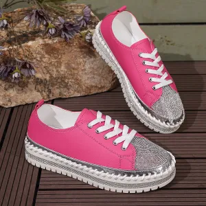 Women's Fashion Hand-Stitched Rhinestone Color-Matching Platform Sneakers Casual Lace Up Shoes