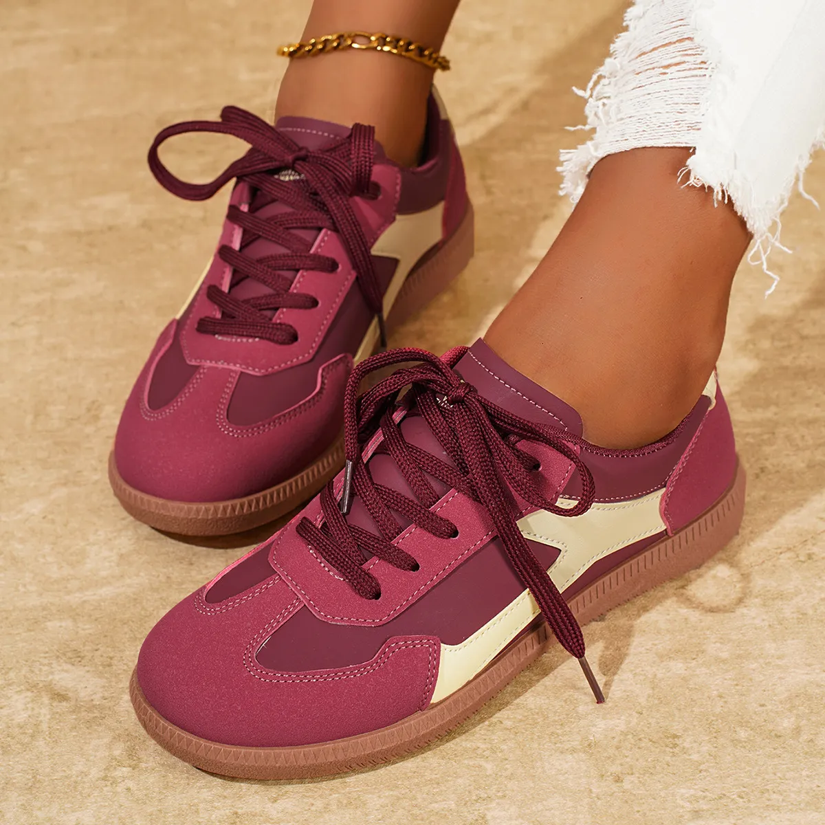Women's Fashion Color Block Lace-Up German Trainer Sneakers Plus Size