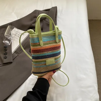 Women Fashion Vacation Contrast Color Straw Woven Mobile Phone Crossbody Bag
