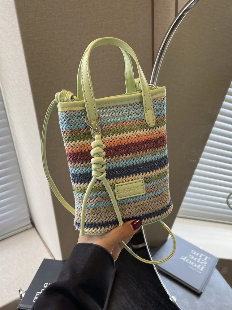 Women Fashion Vacation Contrast Color Straw Woven Mobile Phone Crossbody Bag