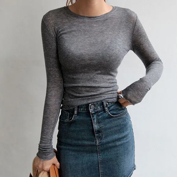 Women Casual Solid Color Slim-Fit Long-Sleeved T-Shirt