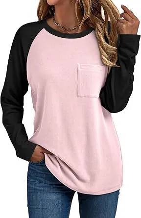 Women Casual Patchwork Round-Neck Long Sleeve Pocket T-Shirt