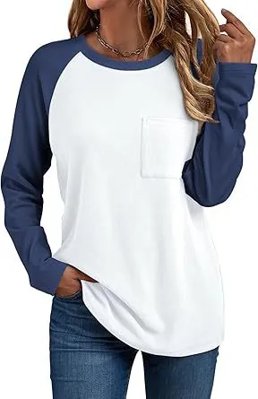 Women Casual Patchwork Round-Neck Long Sleeve Pocket T-Shirt