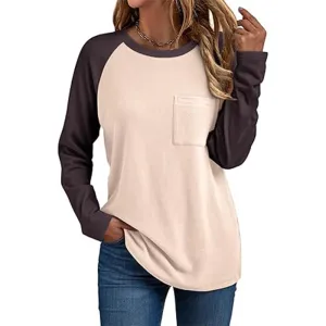Women Casual Patchwork Round-Neck Long Sleeve Pocket T-Shirt