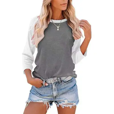 Women Casual Contrast Color Round Neck Long-Sleeve T-Shirt