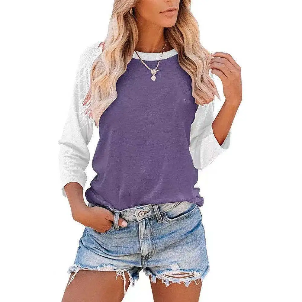 Women Casual Contrast Color Round Neck Long-Sleeve T-Shirt
