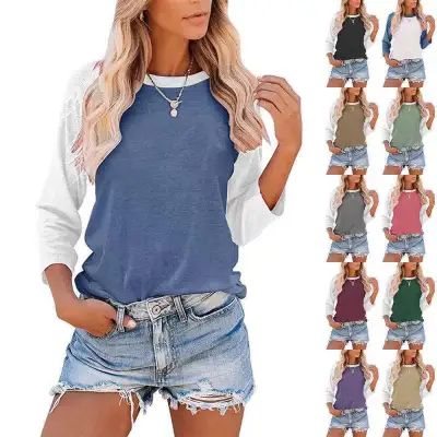 Women Casual Contrast Color Round Neck Long-Sleeve T-Shirt