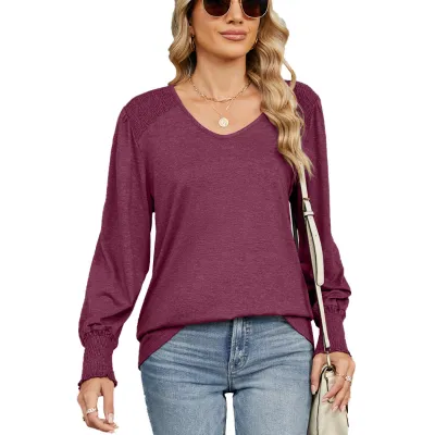 Women Casual Loose Pleated Solid Color V-Neck Lantern Sleeve T-Shirt