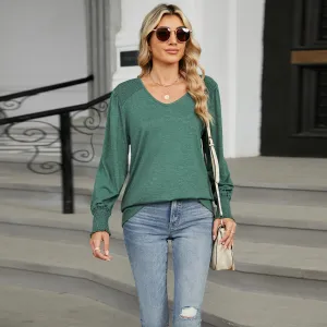 Women Casual Loose Pleated Solid Color V-Neck Lantern Sleeve T-Shirt