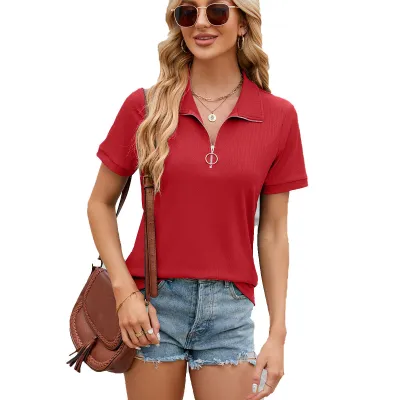 Women Casual Solid Color Lapel Zipper Loose Short-Sleeve T-Shirt