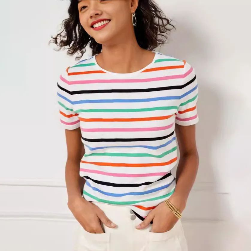 Women Casual Stripe Round Neck Short-Sleeved T-Shirt