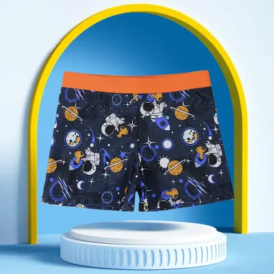 Children Cartoon Print Quick-Dry Swimming Trunks with Tiny Flower Pattern for Boys