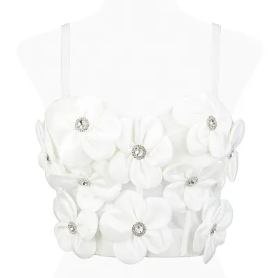 3D Rhinestone Flower Women Crop Camis Slim Fit Hip Hop Style