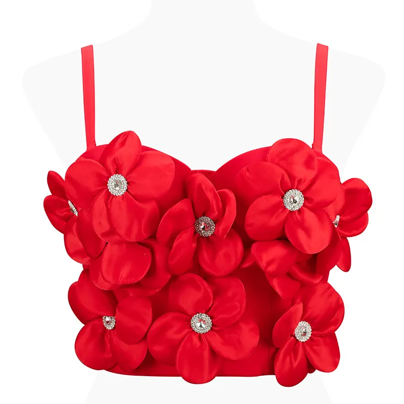 3D Rhinestone Flower Women Crop Camis Slim Fit Hip Hop Style