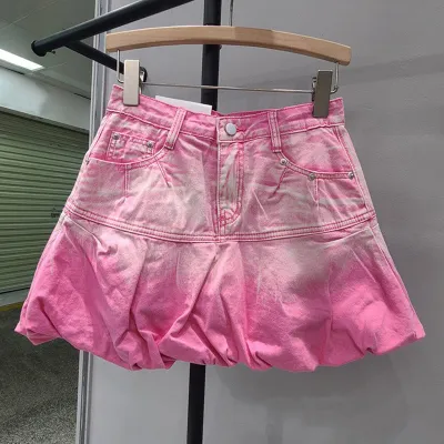 Women Gradient Pink Ruffled Denim Skirt