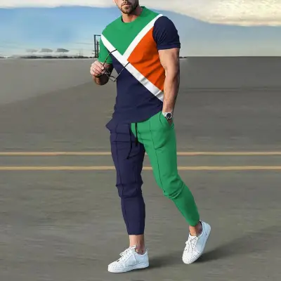 Men Casual Digital Print Short-Sleeved T-Shirt Pants Two-Piece Set