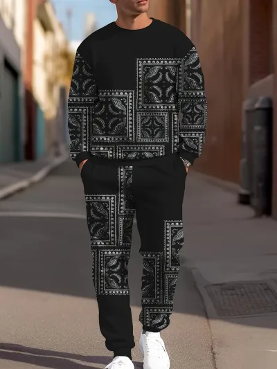 Men Light Cooked Leisure Casual Pullover and Sweatpants Two-Piece Set